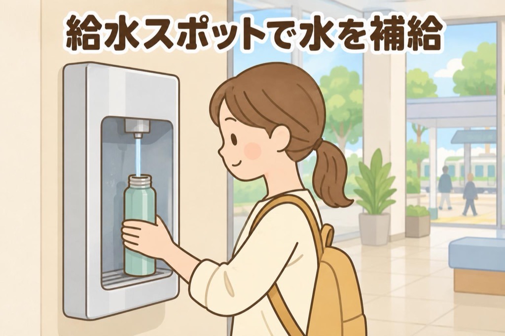 公共施設のボトルディスペンサー型給水機で、飲み口を給水口に触れさせずにマイボトルへ水を入れる様子