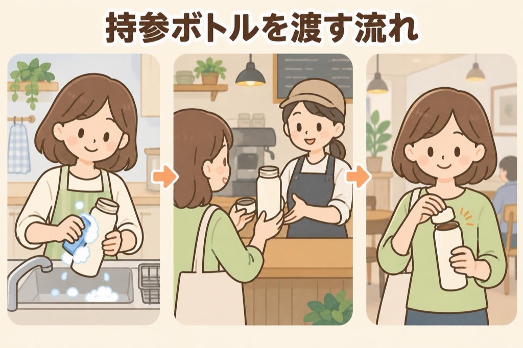 カフェでマイボトルを使う流れ(家で洗う、ふたを外して店員に渡す、受け取ったら自分でふたを閉める)