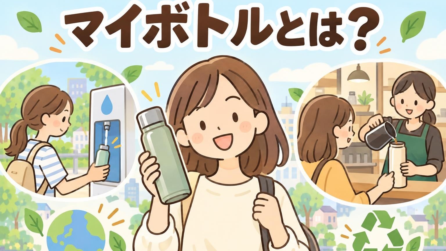 マイボトルとは？給水スポットでの補給やカフェでの持参など、マイボトルの使い方をイメージしたイラスト