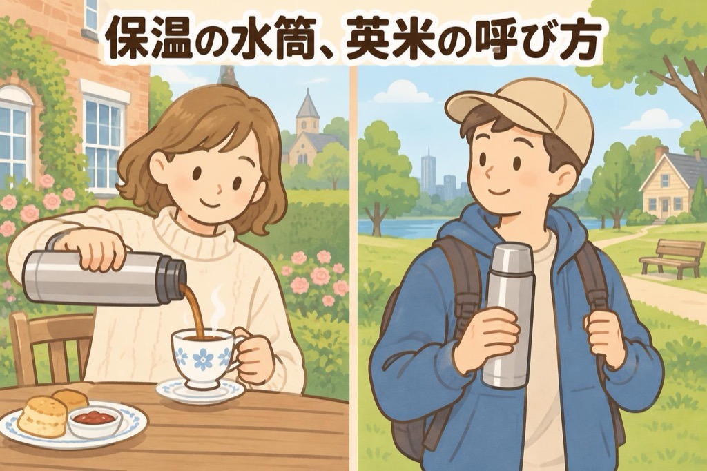 同じ保温ボトルを、イギリスでは flask、アメリカでは vacuum bottle と呼ぶことを表したイラスト