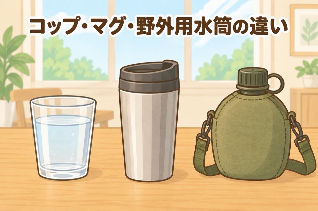 取っ手のないコップ(tumbler)、ふた付きの持ち歩き用マグ(travel mug)、野外用の水筒(canteen)を並べたイラスト