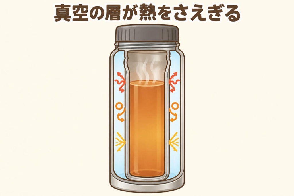 真空二重構造の水筒が、伝導・対流・輻射(放射)の3つの熱の移動をさえぎる仕組みを示したイラスト