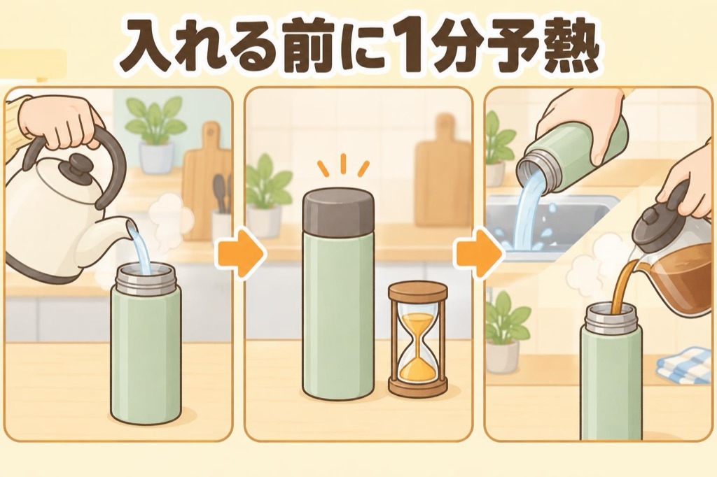 水筒に少量の熱湯を入れて1分ほど予熱し、お湯を捨ててから飲み物を入れる手順のイラスト
