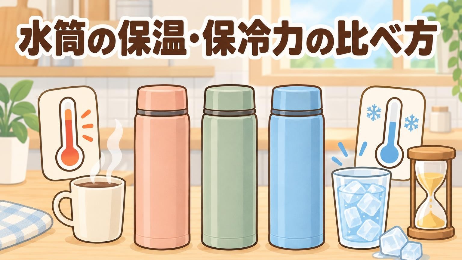 水筒の保温・保冷力の比べ方を、温かい飲み物と冷たい飲み物、温度計、砂時計と並んだ3本の水筒で表したイラスト