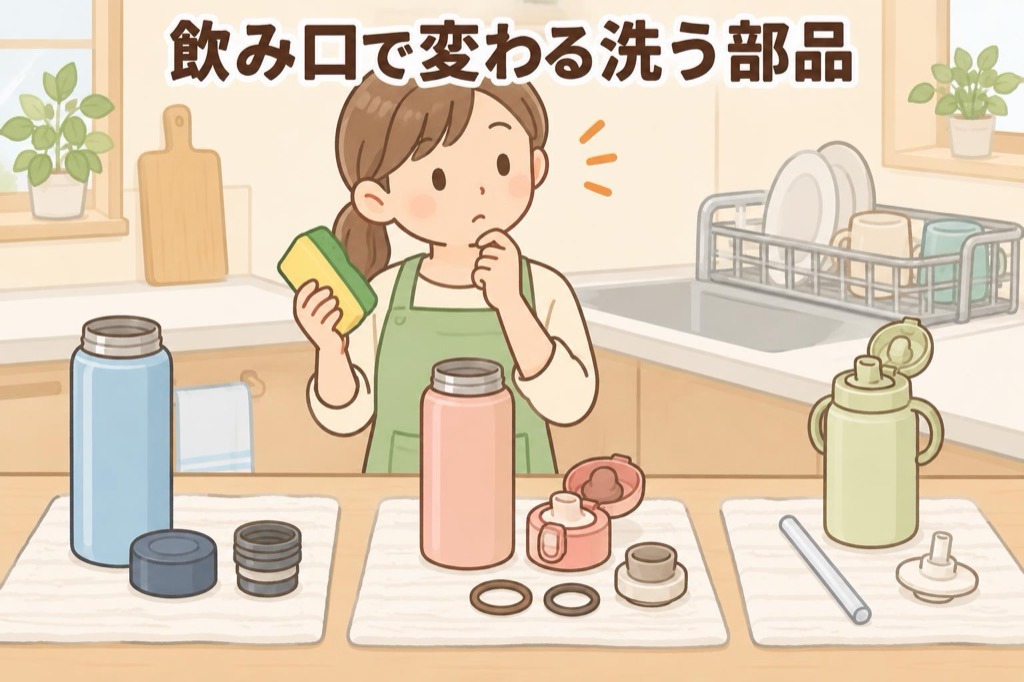 スクリュー式・ワンタッチ式・ストロー式の水筒を分解し、外して洗う部品の数を見比べるイラスト