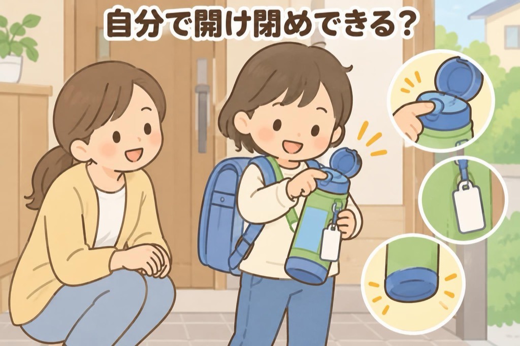 小学生が肩ひも付きカバーの水筒のボタンを自分で押して開け、名前札や底のカバーを確認するイラスト