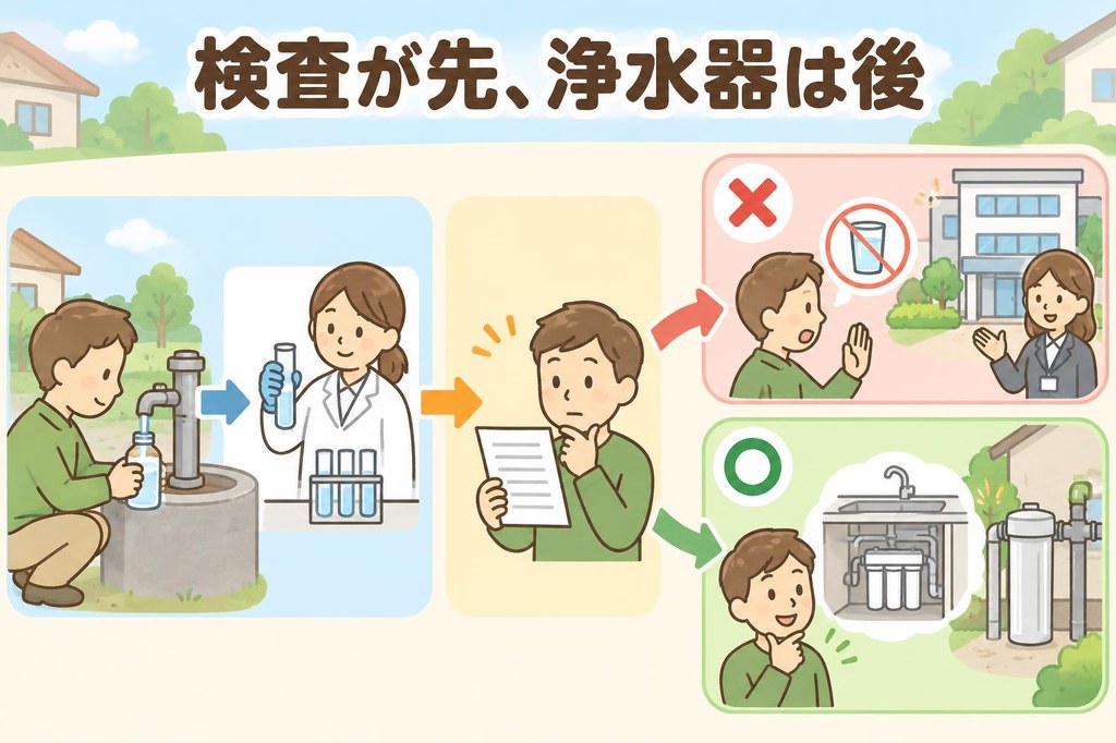 井戸水はまず水質検査を受け、基準を超えていれば飲用をやめて保健所に相談し、問題なければ濁りや鉄分の改善に浄水器を検討する、という順番を示したフロー図