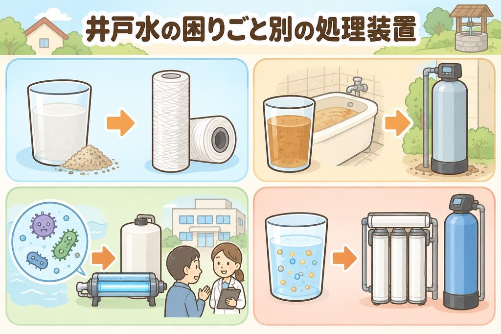 井戸水の困りごとを「濁り・砂」「鉄・マンガン」「細菌」「溶けた成分」の4つに分け、それぞれに使われる処理装置(こし取るフィルター、除鉄装置、消毒設備、膜・イオン交換)を並べたイラスト