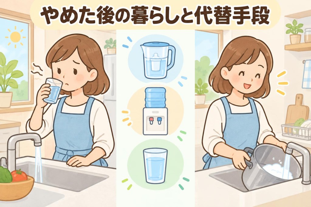 浄水器をやめた後の暮らしのイメージ。水道水のにおいを気にする場面と、蛇口まわりがすっきりして鍋を洗いやすくなった場面、代替手段の浄水ポット・ウォーターサーバー・水道水のアイコン
