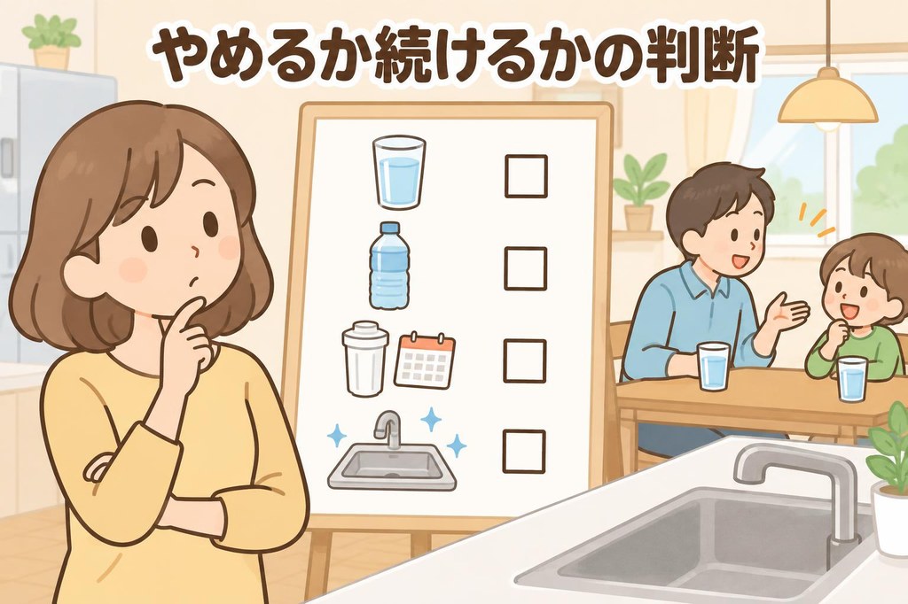 浄水器をやめるか続けるかをチェックリストで考える人と、家族で話し合う様子のイラスト
