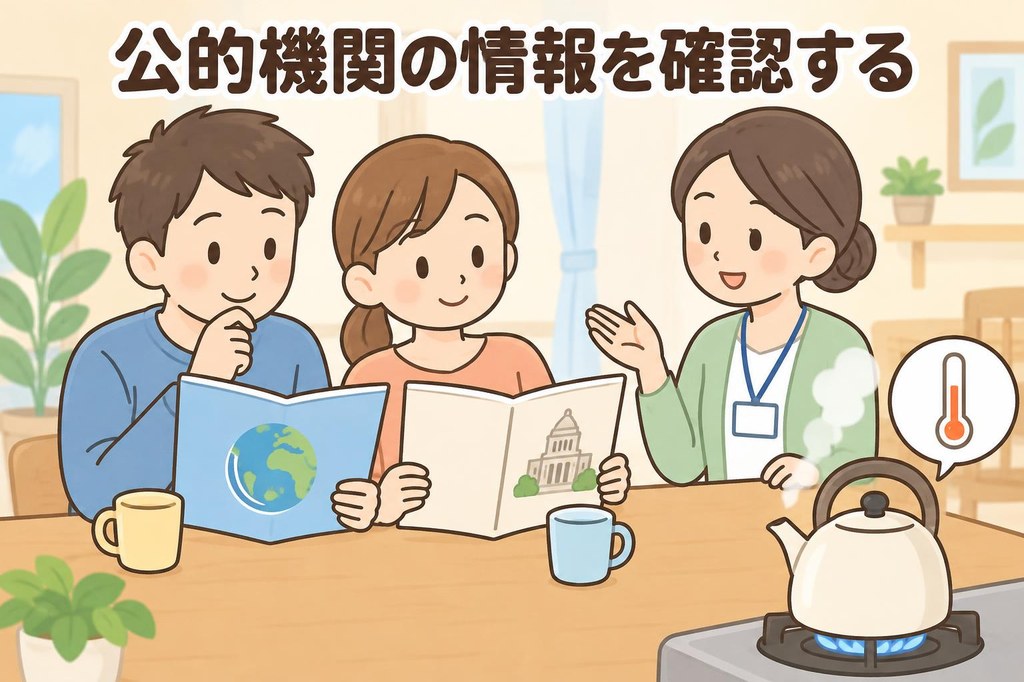 WHOと厚生労働省の資料を読みながら保健師に説明を受ける親と、湯を沸かすやかんを描いた、公的機関の情報を確認するイメージのイラスト