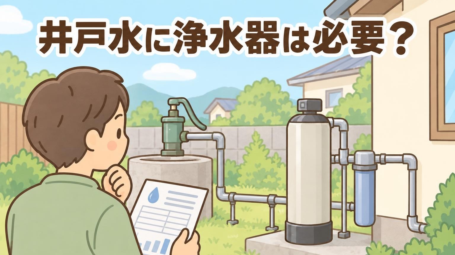 井戸水に浄水器は必要？井戸ポンプから家へつながる配管の処理装置を、水質検査の結果を手に見比べる人を描いたアイキャッチ画像