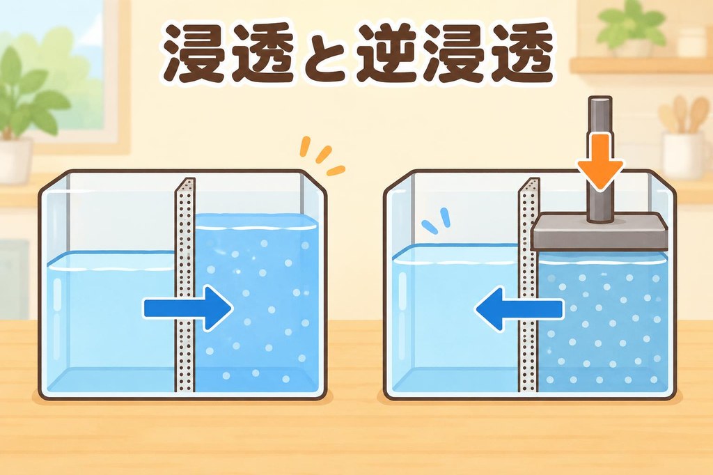 真水と海水を半透膜で仕切った容器で、真水が海水側へ移動する浸透と、海水側に圧力をかけて真水を押し出す逆浸透を左右に並べて比べた図解