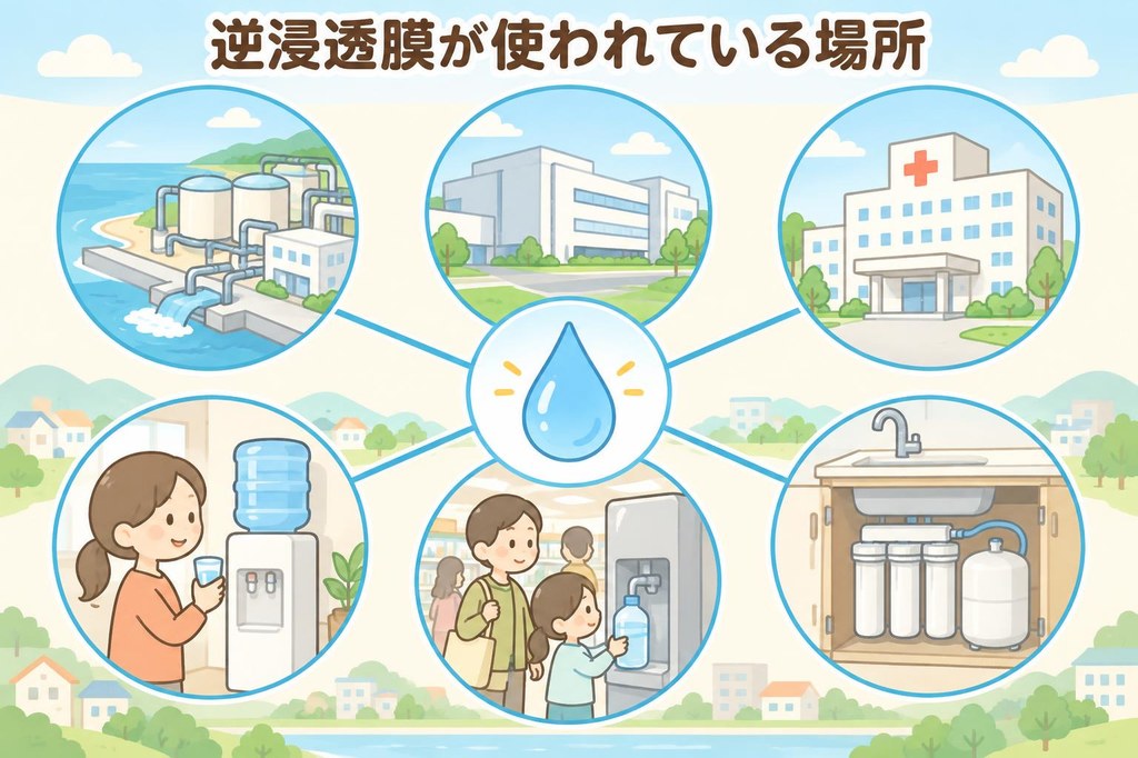 海水淡水化プラント、半導体工場、病院、ウォーターサーバー、スーパーの給水機、家庭のキッチンなど、逆浸透膜が使われている場所を1枚に並べたイラスト