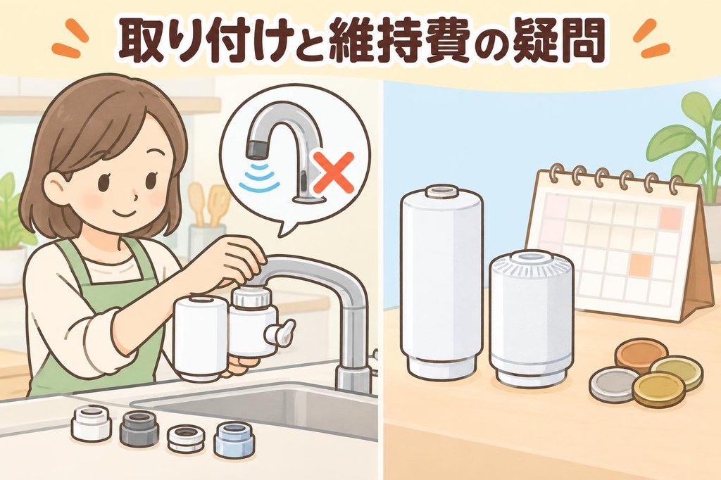 蛇口直結型浄水器をアダプターで蛇口に取り付ける手元と、センサー水栓は非対応のしるし、交換カートリッジとカレンダー・小銭を描いたイラスト